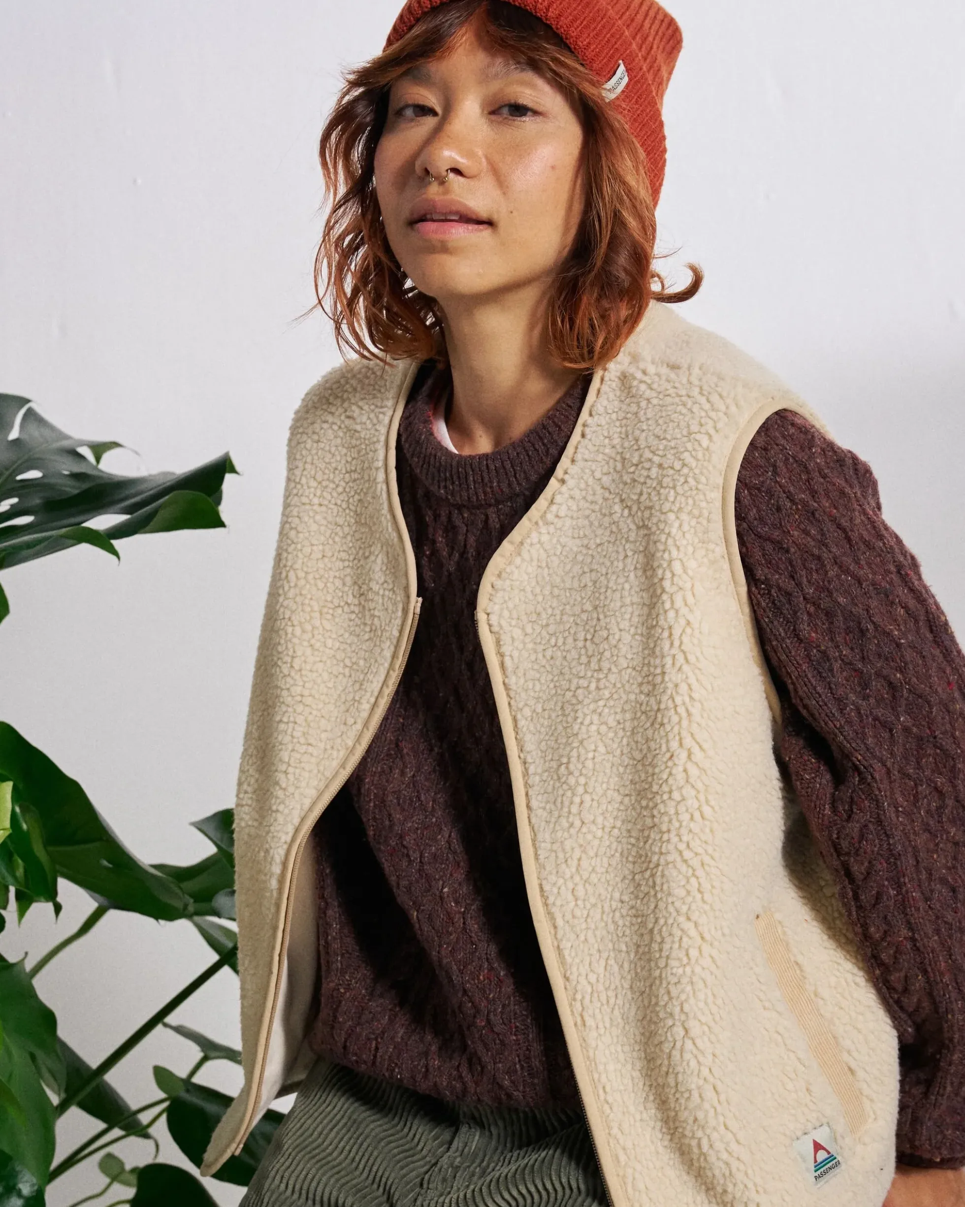 Women's Tawny Collarless Deep-Pile Sherpa Gilet